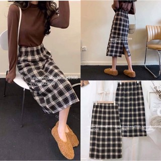 [Ảnh thật/Video]Chân váy dạ tweet kẻ caro phong cách Ulzzang