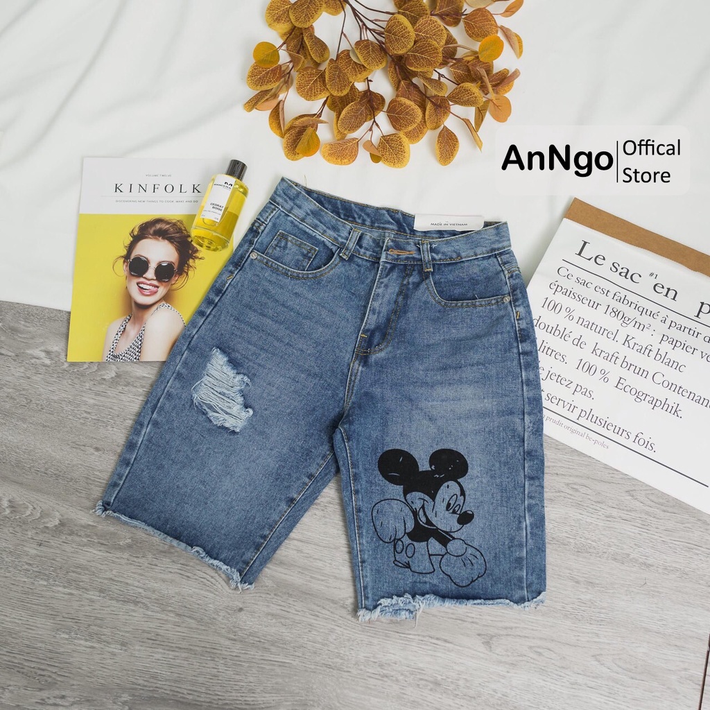 [FREESHIP_50K] Quần jean ngố nữ, quần lửng hình chuột Mickey cá tính AnNgo - AT25