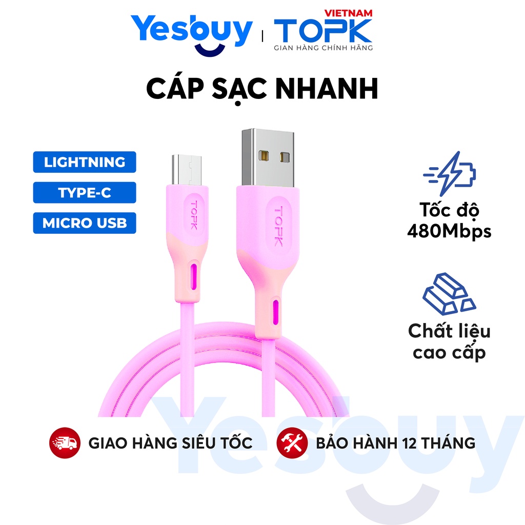 Dây cáp sạc dùng cho điện thoại TOPK AN84 Vỏ chống đứt gãy dài 1m - Hàng chính hãng - Bảo hành 12 tháng