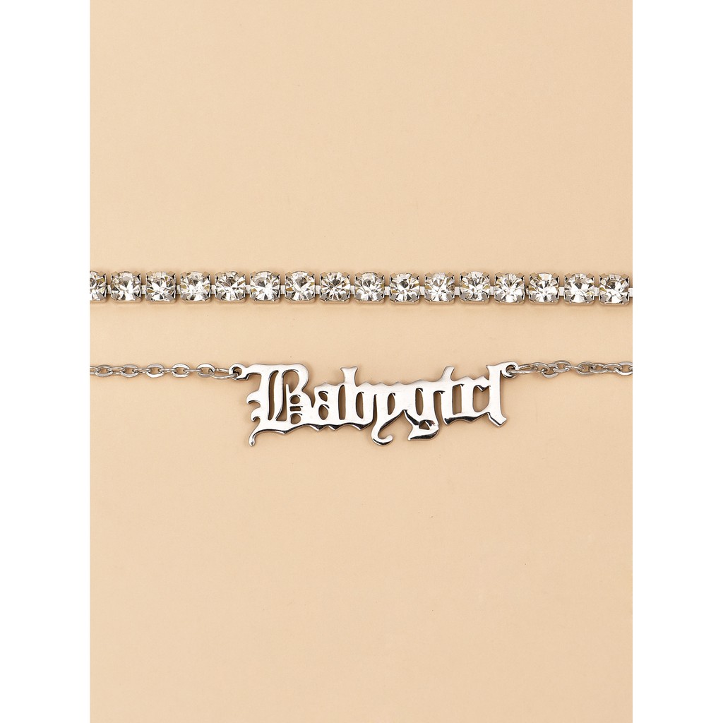 Bộ 2 lắc chân đơn giản bằng kim loại không gỉ đính đá họa tiết chữ babygirl cho nữ