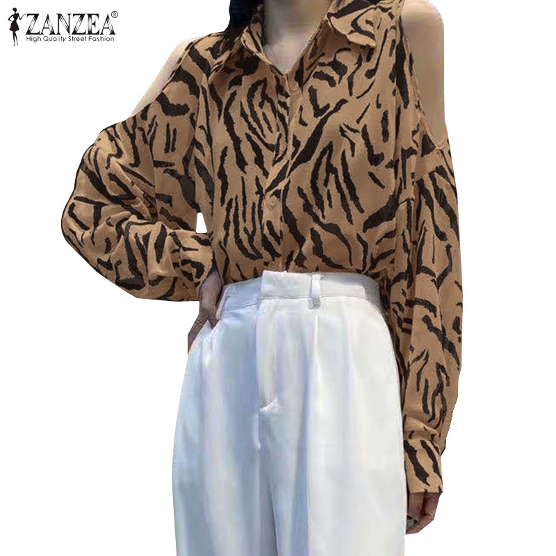 Áo ZANZEA tay dài họa tiết sọc ngựa vằn thời trang dành cho bạn nữ