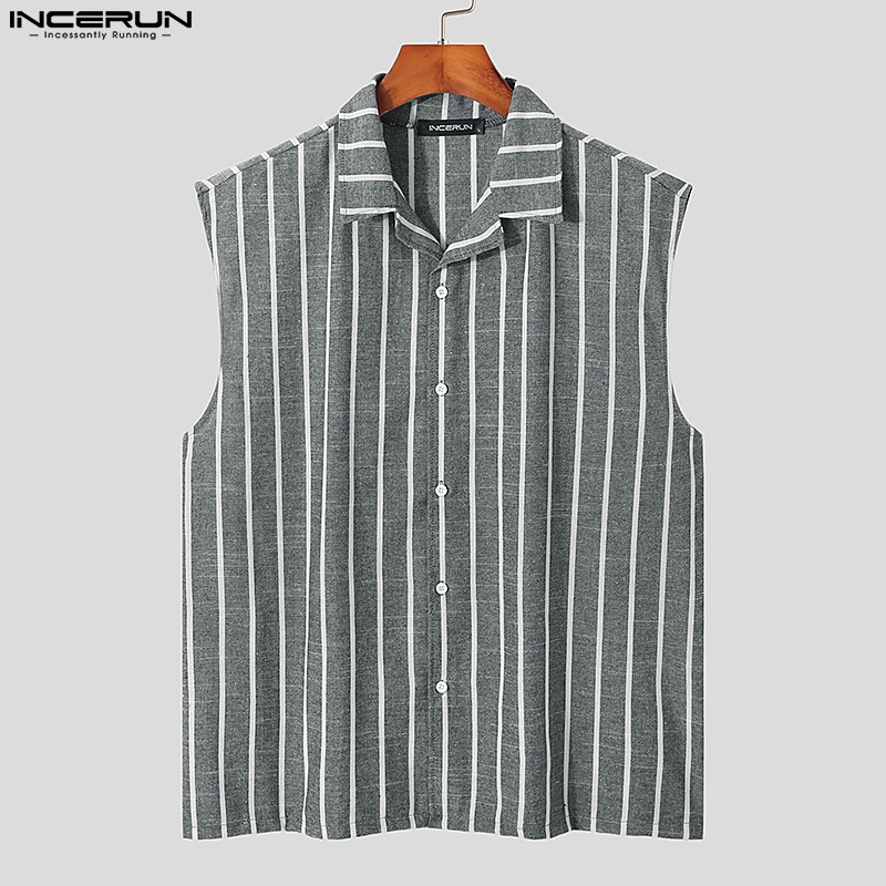 Áo sơ mi INCERUN cotton không tay cổ bẻ kẻ sọc 3 màu thời trang cho nam