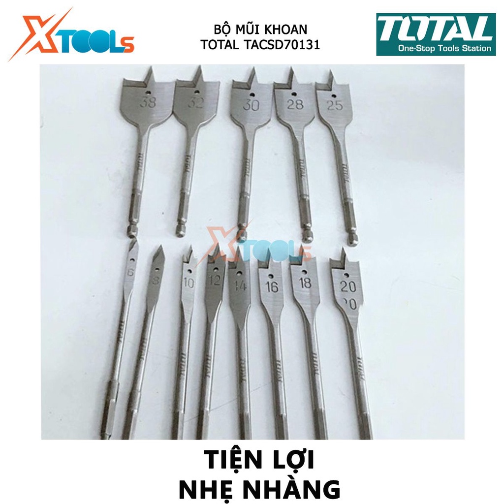 Bộ mũi khoan gỗ đầu dẹp 13 chi tiết TOTAL TACSD70131 bộ 13 mũi khoét gỗ đuôi cá Đuôi lục giác 1/4&quot;, Chiều dài 152mm, Gồm