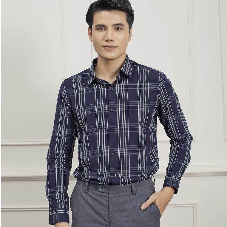 Áo sơ mi công sở nam dài tay Aristino màu tím than caro trắng dáng slim fit ôm không túi vải sợi sồi ALS20509