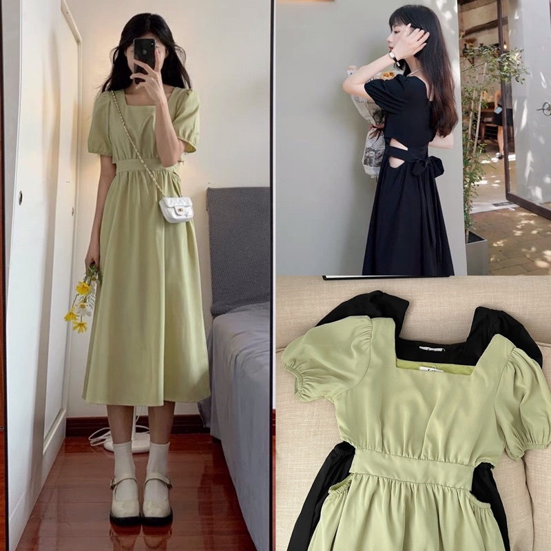 Đầm Cổ Vuông Cut Out Eo Nơ Sau