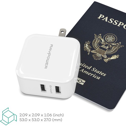 Củ Sạc RAVPower 24W 2 Cổng USB ISmart 2.0 Sạc nhanh 12W 2.4A Mã RP- UC11 Prime cho IP từ 5 tới 13 Pro Max