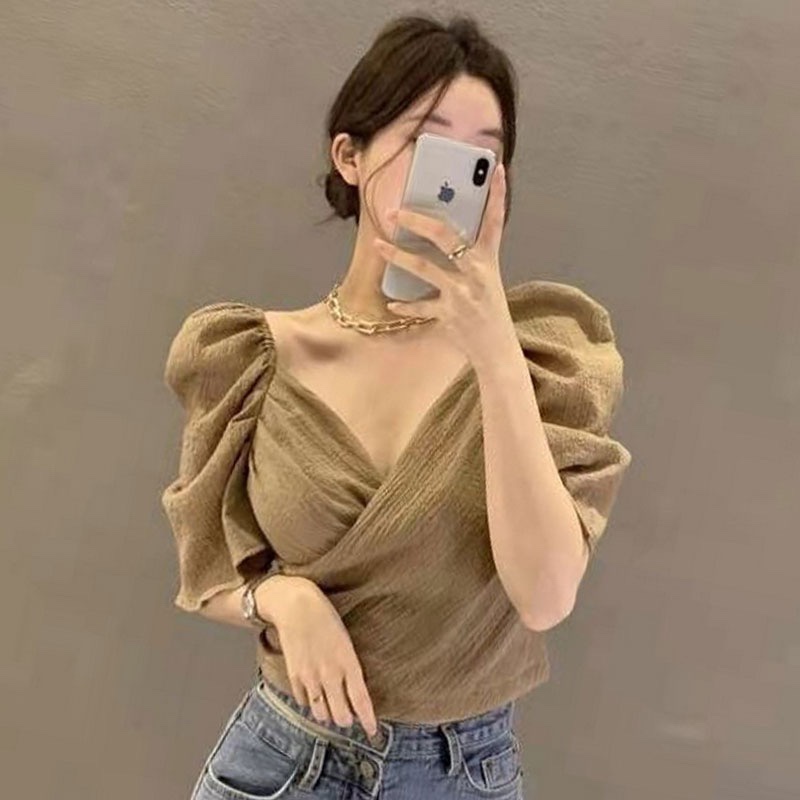 QADCOL  Áo kiểu tay phồng cổ chữ V ôm dáng phong cách Hàn Quốc