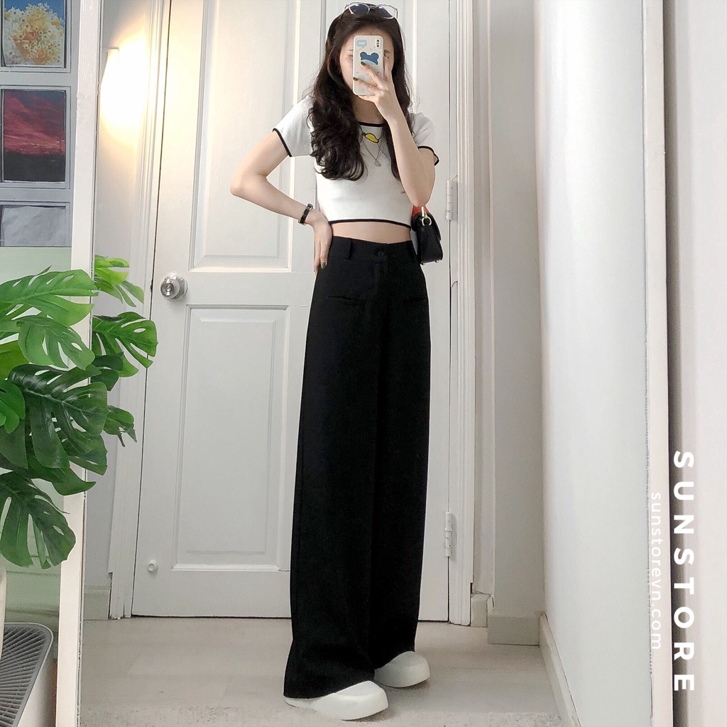 Quần ống rộng túi mổ culottes dáng suông dài cài nút lưng cao chất rũ THRE PANT