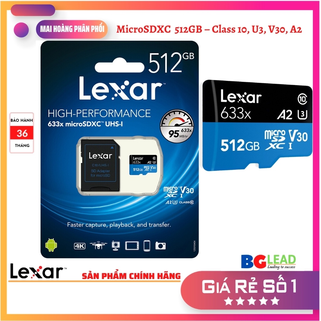 Thẻ nhớ MicroSDXC 512GB – Class 10, U3, V30, A2 - Có Adapter chuyển SD