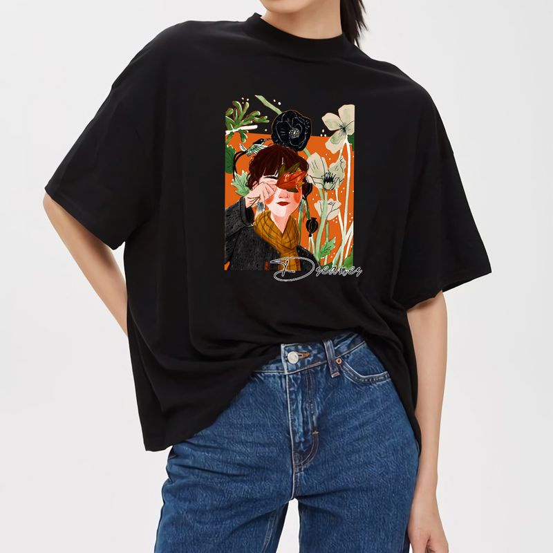 Áo phông nam nữ cô gái và bông hoa cute size XS-3XL 100% cotton
