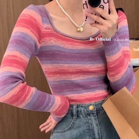【ZHELIHANGFEI】Áo Sweater Tay Dài Cổ Vuông Dáng Ôm Kẻ Sọc Cầu Vồng Xinh Xắn Thời Trang