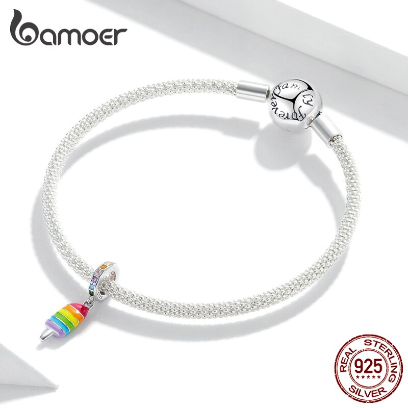 Hạt charm Bamoer BSC351 mạ bạc thiết kế hình cây kem màu sắc cầu vồng trang trí vòng tay thời trang cho nữ