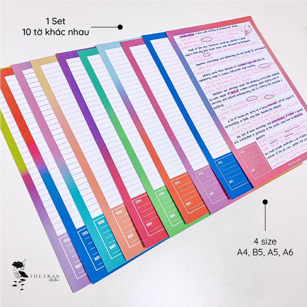 Bộ 10 tờ giấy ghi chép kẻ ngang A4, B5, A5, A6 cornell gradient / dream notepad / thetranstudio