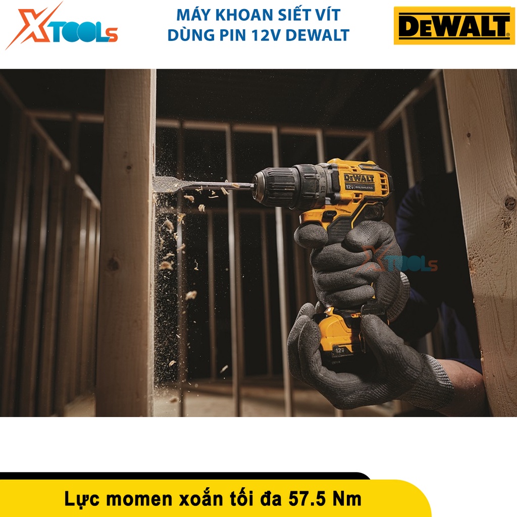Máy khoan siết vít dùng pin 12v Dewalt, lực momen tối đa 57.5 Nm/25.5 Nm, khoan đầu kẹp 1.5-10mm