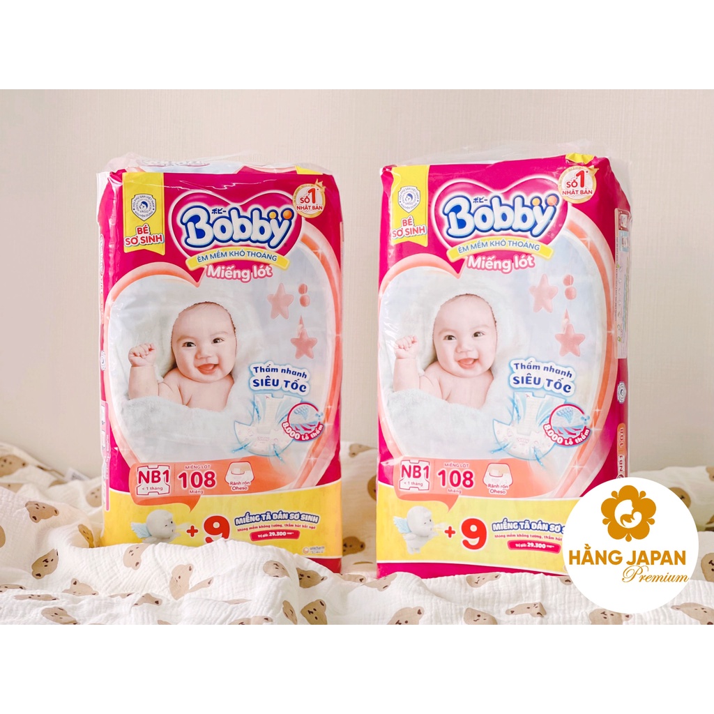 Bỉm Bobby miếng lót Newborn NB1 - 180 miếng/ NB2 - 60 miếng cộng miếng cho bé
