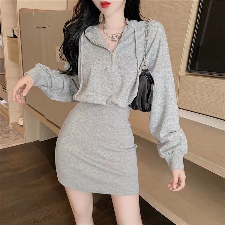 Đầm Ngắn Ôm Hông Tay Dài Có Mũ Trùm Gợi Cảm Plus Size Phong Cách Hàn Quốc Cho Nữ XOU89