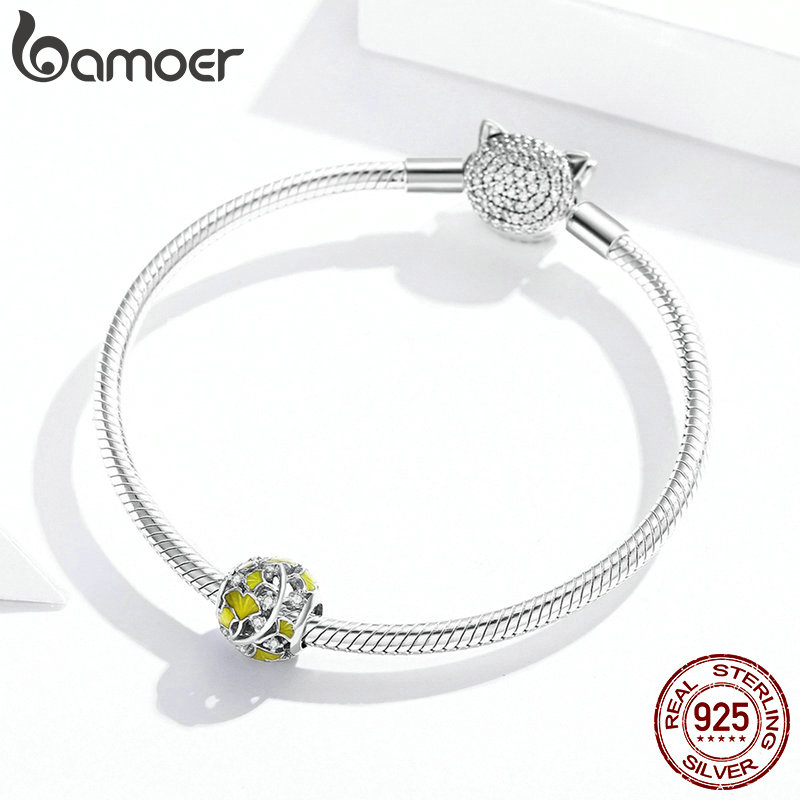 Hạt Xỏ Vòng Tay Bamoer BSC334 Chất Liệu Bạc 925 Hình Cầu Đính Đá CZ Làm Trang Sức DIY Cho Nữ