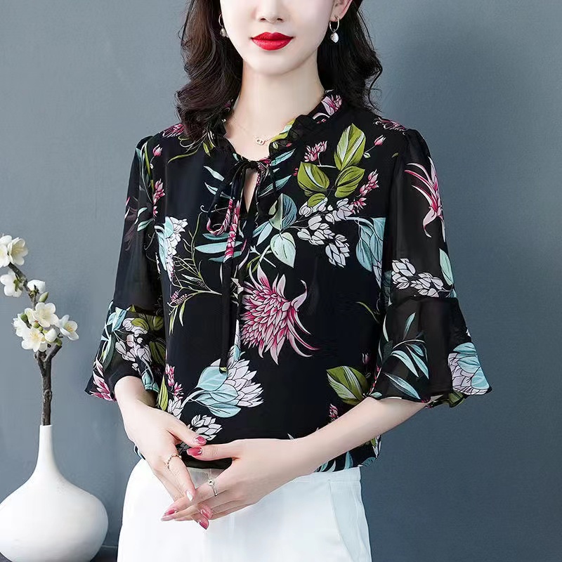 Áo Kiểu Tay Lỡ Phối Bèo Dáng Rộng Thiết Kế Mới Thời Trang Mùa Hè Cho Phụ Nữ Trung Niên