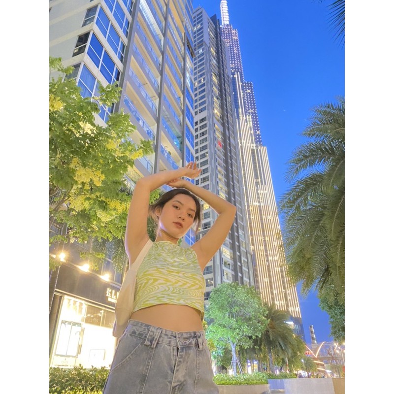 Áo Croptop Vằn Xanh Trắng Co Giãn
