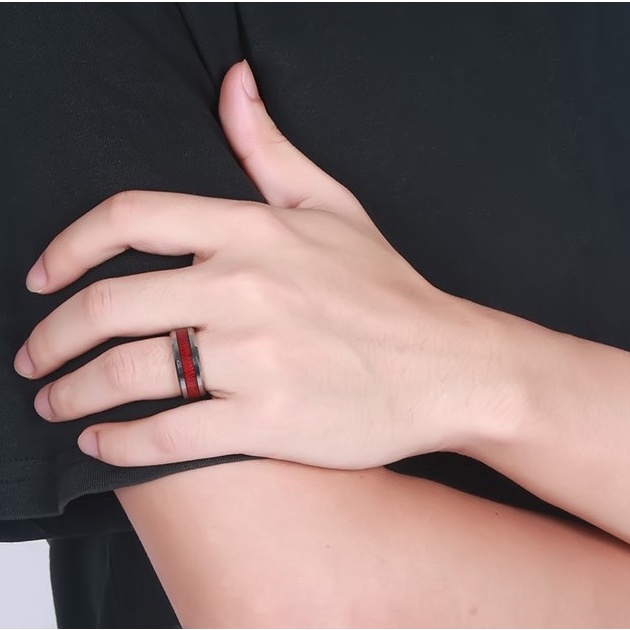 Nhẫn nam nữ tròn Unisex màu bạc đỏ Thời trang Kuu Studio chất liệu Titan đẹp đơn giản - Nhẫn Red Wood
