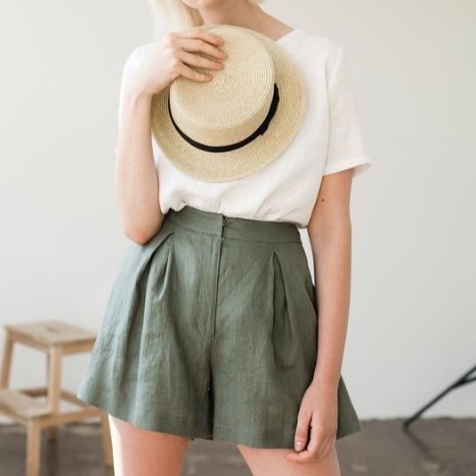 Quần Shorts Cạp Siêu Cao Ông Rộng Chất Thô Đũi Phong Cách Hàn Quốc