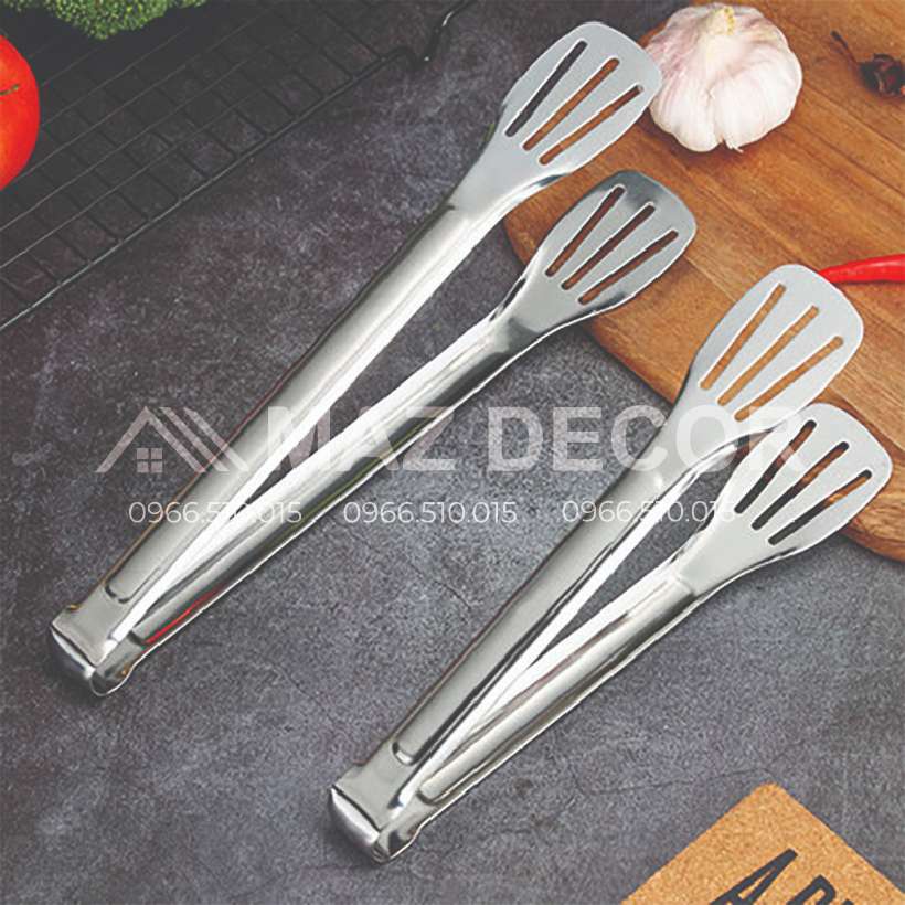 Dụng cụ kẹp gắp đá, gắp thức ăn, đồ nướng BBQ 3 đường kẻ cách nhiệt bằng inox 304