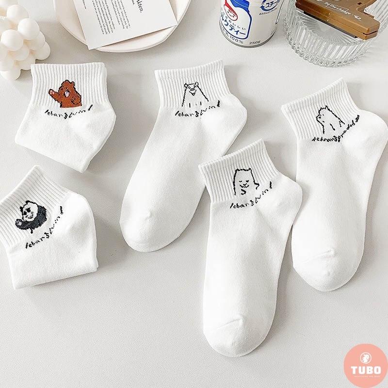 Tất nữ cổ ngắn chất liệu vài hàn màu trắng họa tiết hoạt hình dễ thương