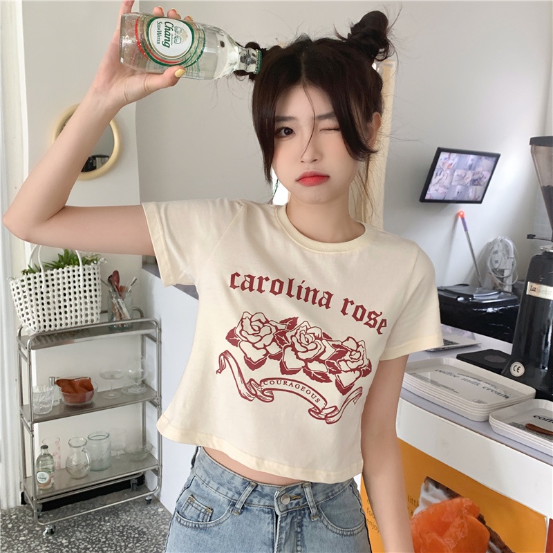 SUXI Áo Thun Ngắn Tay Cổ Tròn Hở Eo Thời Trang Mùa Hè Dành Cho Nữ