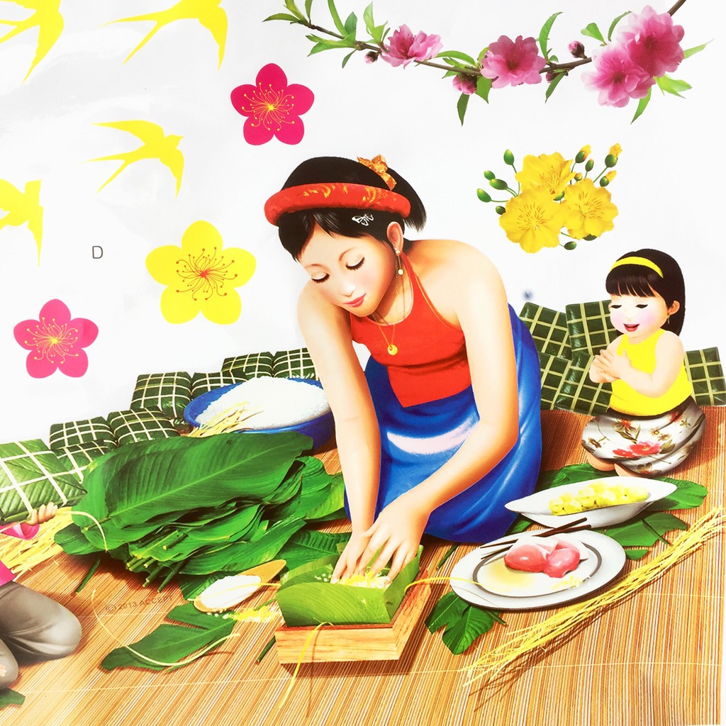 Tấm decal (sticker) dán tường kính trang trí Tết 90x60cm ( mẫu gói bánh chưng)