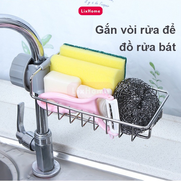 Kệ để đồ rửa chén bát gắn vòi nước inox 304 xoay 360 độ - LKV1, khay gắn vòi đựng miếng rửa chén cao cấp - LIXHOME