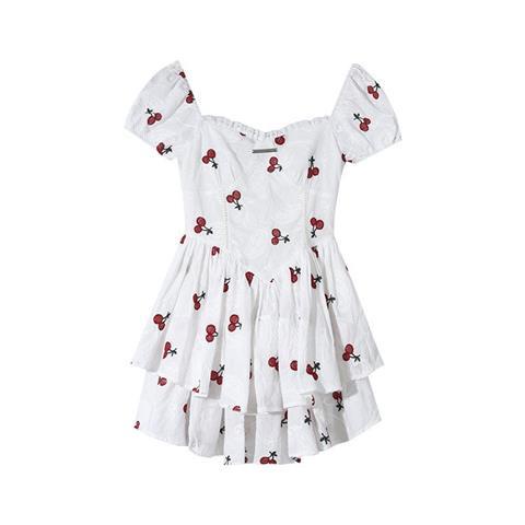 Đầm xòe tay bo phồng thời trang nữ thêu hình trái cherry 2022