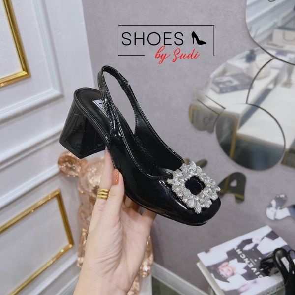 Giày cao gót 7p đế vuông slingback SUDI SHOES SD026 mũi tròn đính đá bản to màu đen trắng dễ phối đồ sang chảnh