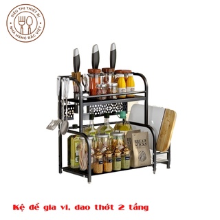 Kệ inox đen đựng gia vị loại 2 tầng , 3 tầng, Kệ gia vị có lọ đựng đũa thìa + khay dao thớt CHẮC CHẮN