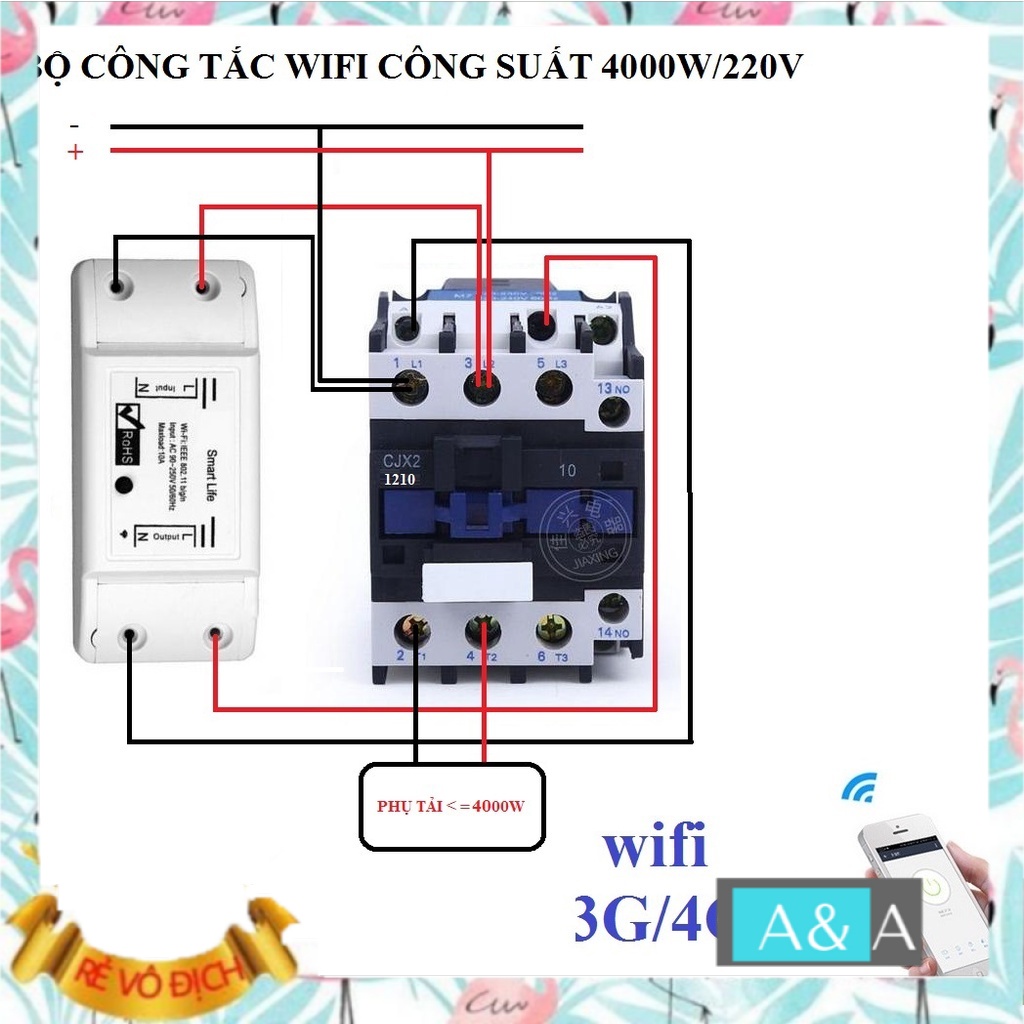 Bộ công tắc điều khiển từ xa hẹn giờ bật tắt bằng điện thoại kết nối wifi 3G 4G Smart Life và Khởi động từ CJX2 32A