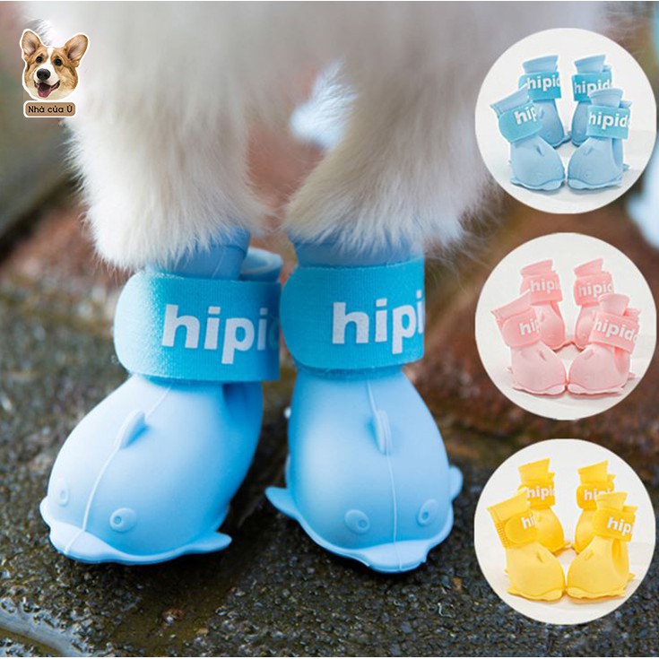 Giày Thú Cưng Set 4 Giày Dép Cao Su Đi Mưa Chống Thấm Nước Hình Cá Heo Cho Chó Mèo
