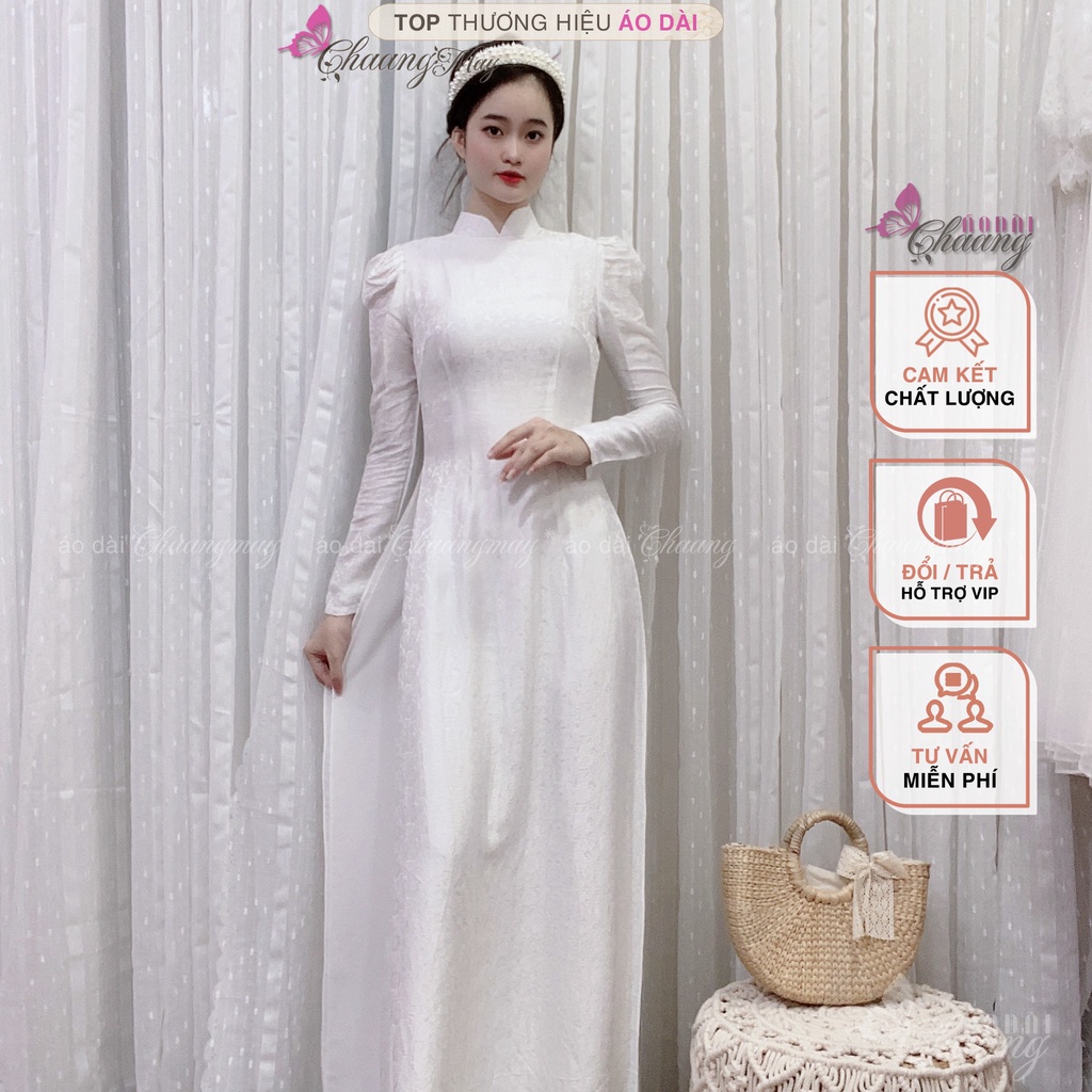 Áo dài cưới cô dâu tay vai bồng CHAANG May thiết kế Lụa Tơ Tằm đính ngọc cao cấp dự tiệc lễ tết đẹp
