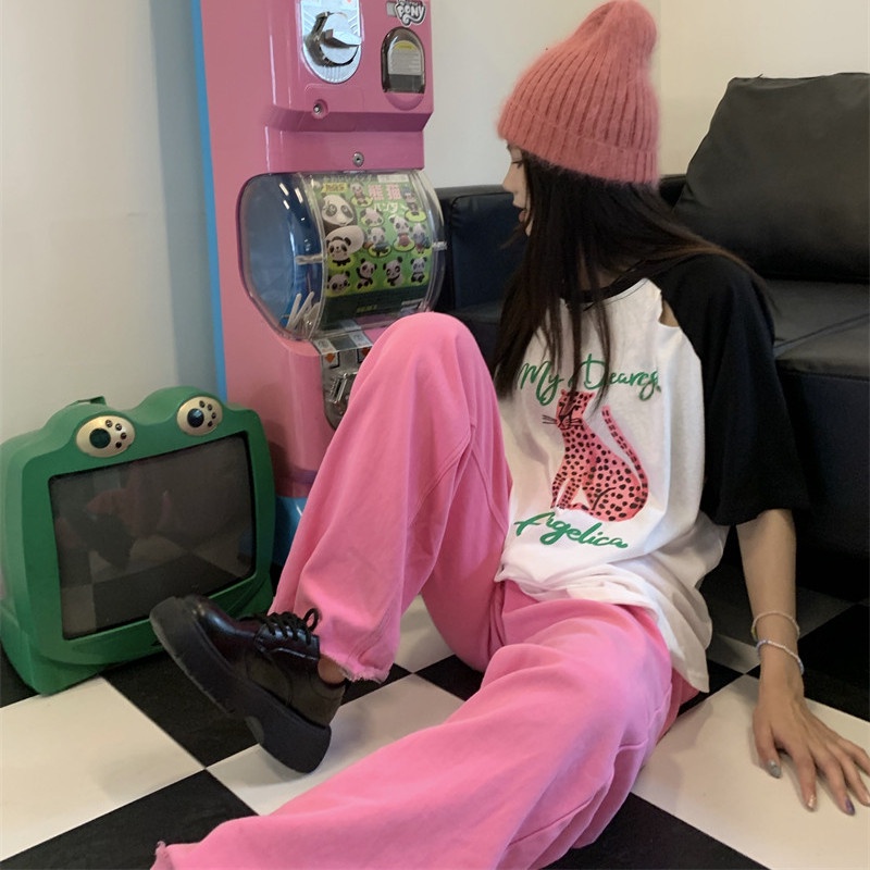 Áo Thun Ngắn Tay Dáng Rộng In Họa Tiết Da Báo Màu Sắc Tương Phản Thời Trang Mùa Hè Cho Nữ