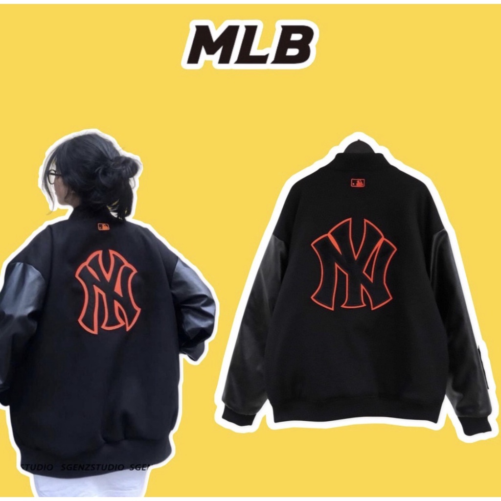 Áo varsity jacket Bomber MLB NY Chữ Thêu Tay Da Cao Cấp - Áo Bomber Nỉ Tay Da Phong Cách Unisex