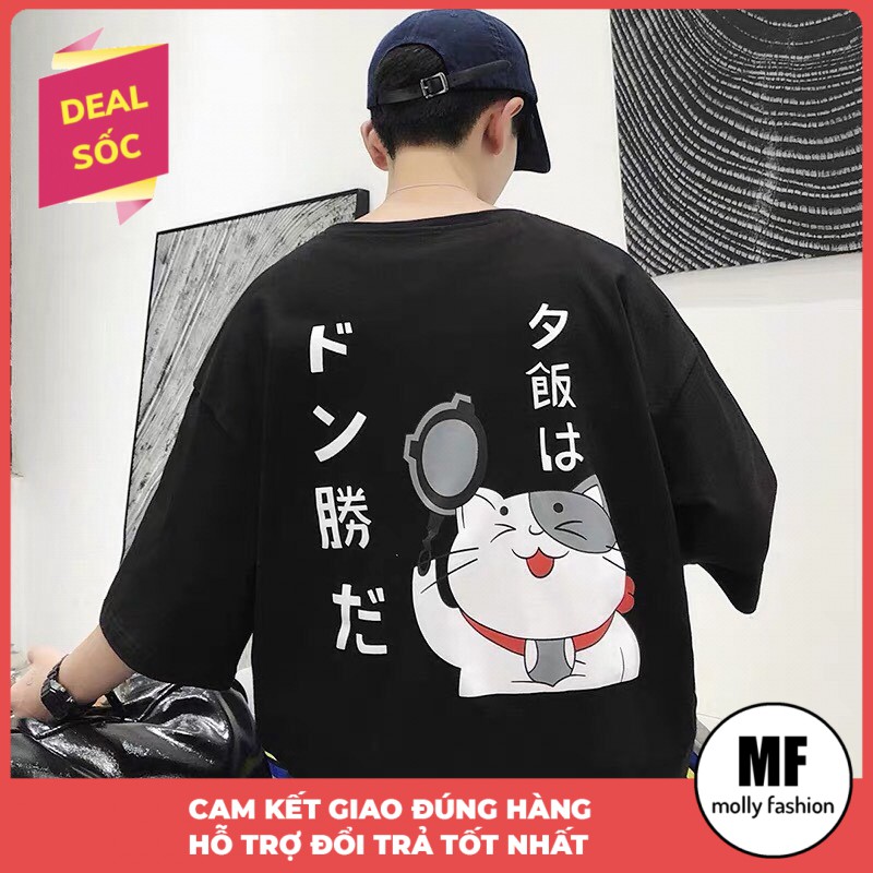 Áo thun tay lỡ Unisex MÈO CẦM CHẢO form rộng Freesize dành cho nam nữ Molly Fashion