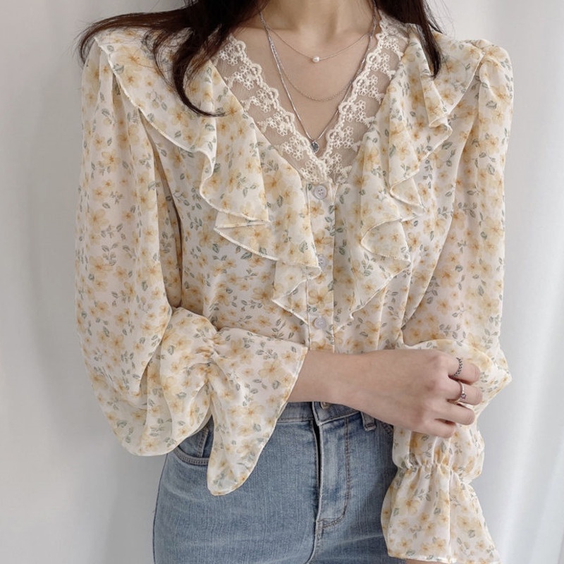Áo Sơ Mi Chiffon Cổ V Tay Dài Phối Ren Phong Cách Phương Tây Cho Nữ