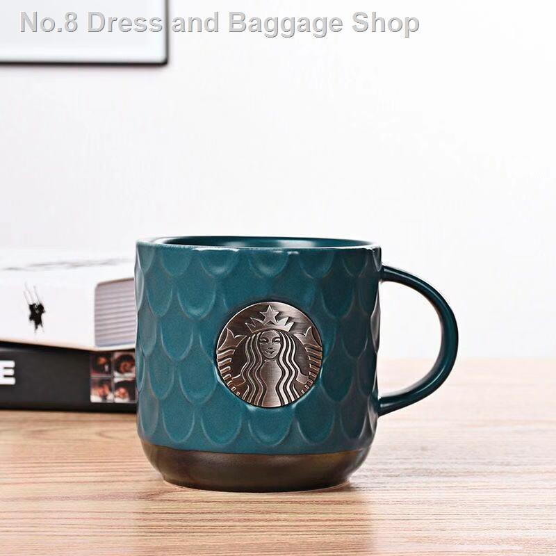 ̅∋♕Cốc Uống Cà Phê Starbucks Bằng Đồng Họa Tiết Vảy Cá Màu Xanh Lam Đậm Kèm Muỗng Và Nắp Phiên Bản Giới Hạn