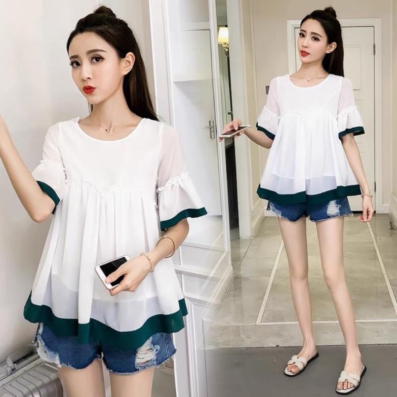 Sét áo bầu babidoll trắng kore phối quần sooc đũi