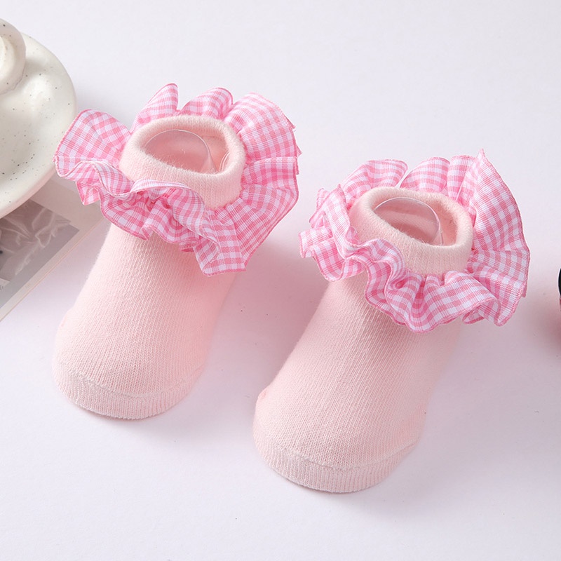 Vớ Cotton Mềm Mại Thoáng Khí Phối Bèo Họa Tiết Kẻ Sọc Cho Bé Gái Sơ Sinh