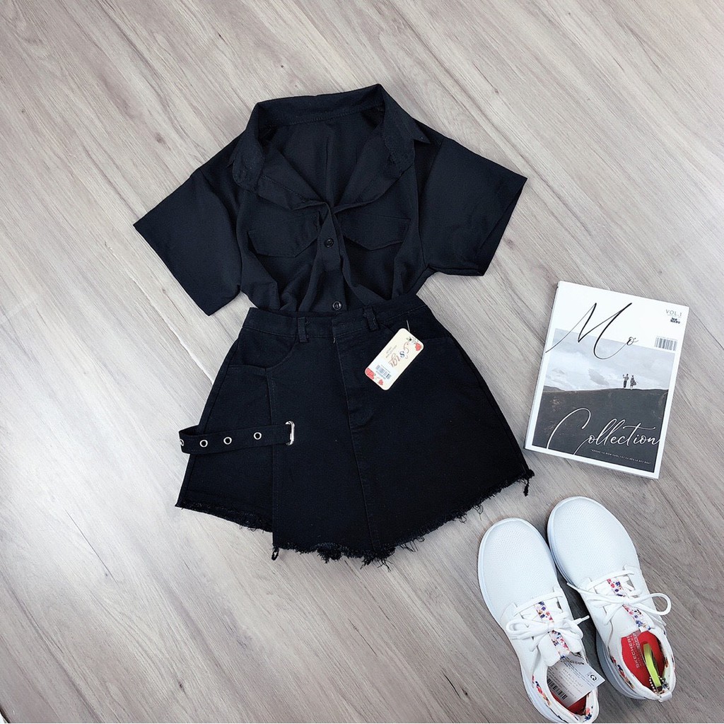 chân váy kèm khoen bên xinh ảnh thật chất kaki mềm