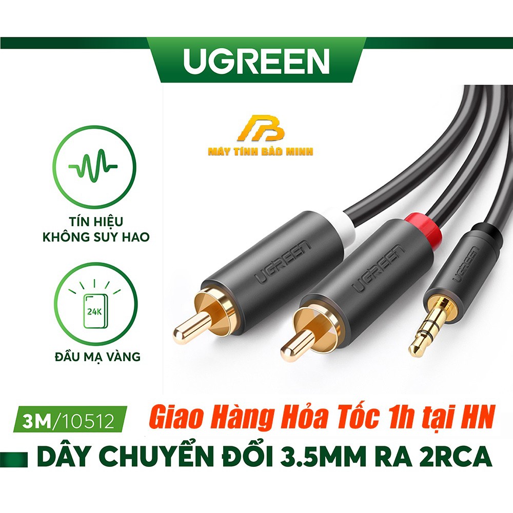 Dây Loa 3,5mm sang 2 Hoa Sen RCA Ugreen 10513 Dài 5m - Hàng Chính Hãng