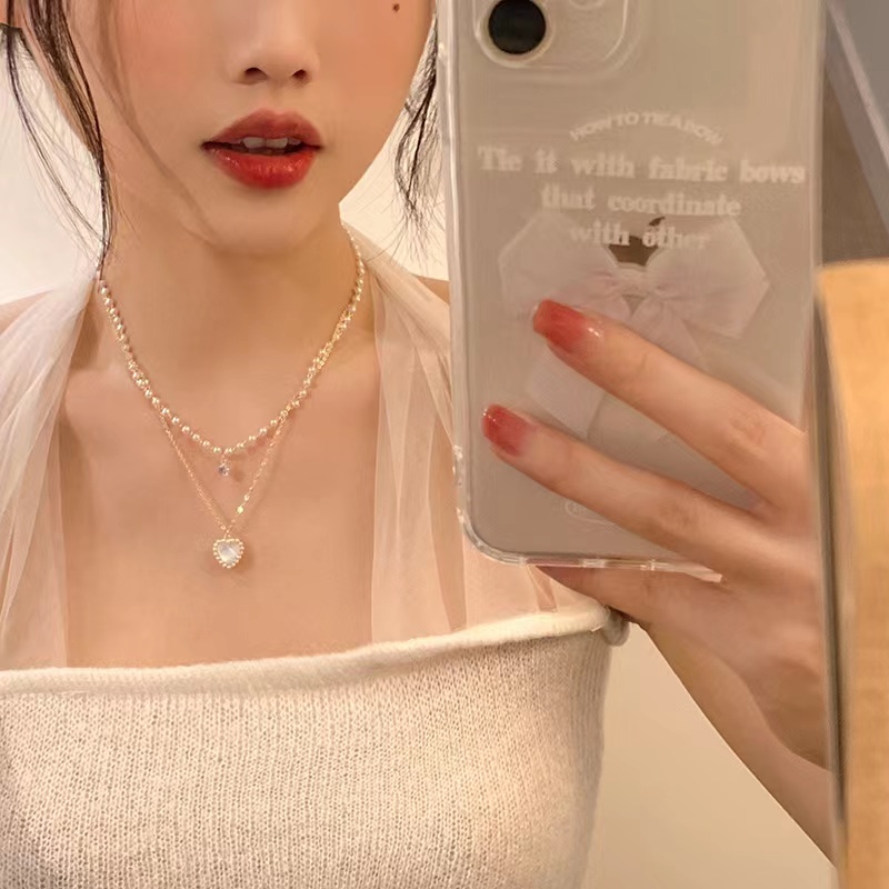 Dây Chuyền Hai Lớp Đính Ngọc Trai Hình Trái Tim Sang Trọng Dành Cho Nữ