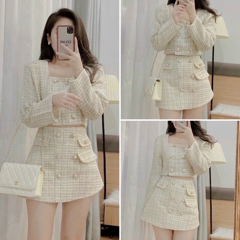Set dạ tweed beige