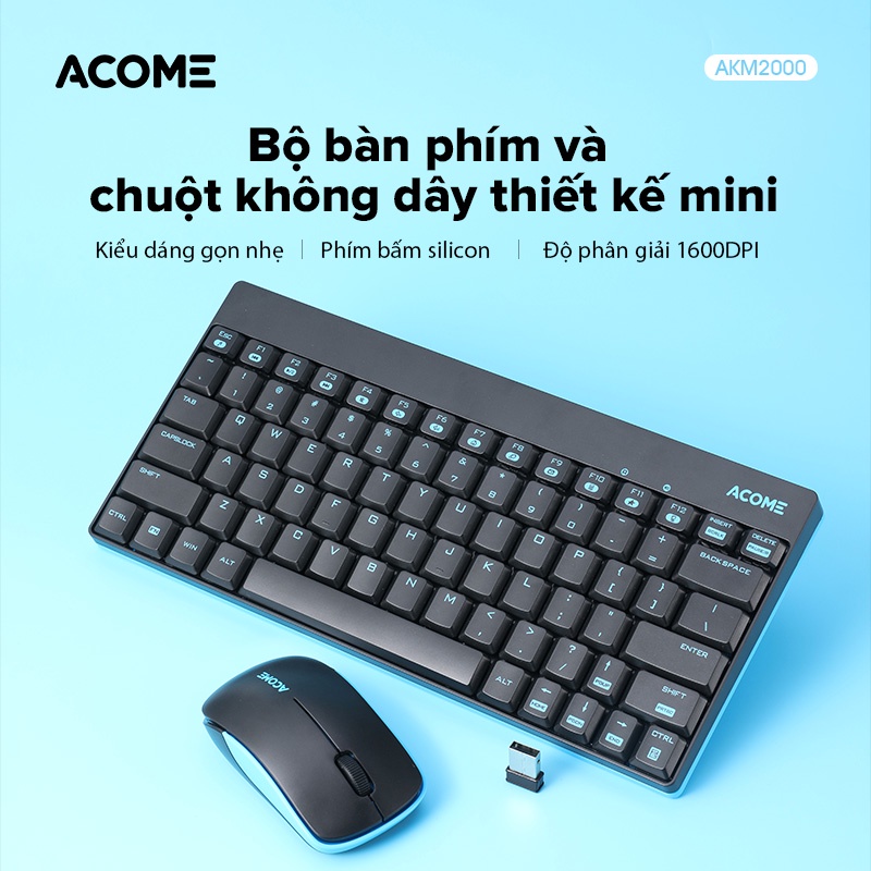 Bộ Bàn Phím Và Chuột Không Dây Nhỏ Gọn ACOME AKM2000 2.4GHz Độ Phân Giải 1600DPI Tặng Kèm Pin