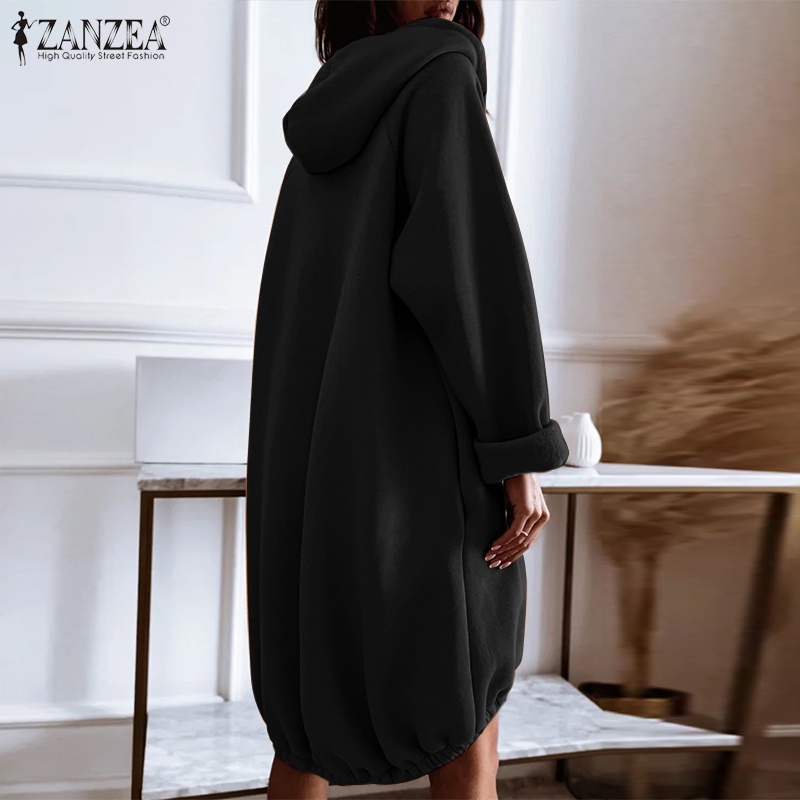 Áo khoác ZANZEA có mũ trùm dáng dài tay dài màu trơn phối khóa kéo trước thời trang thường ngày cho nữ