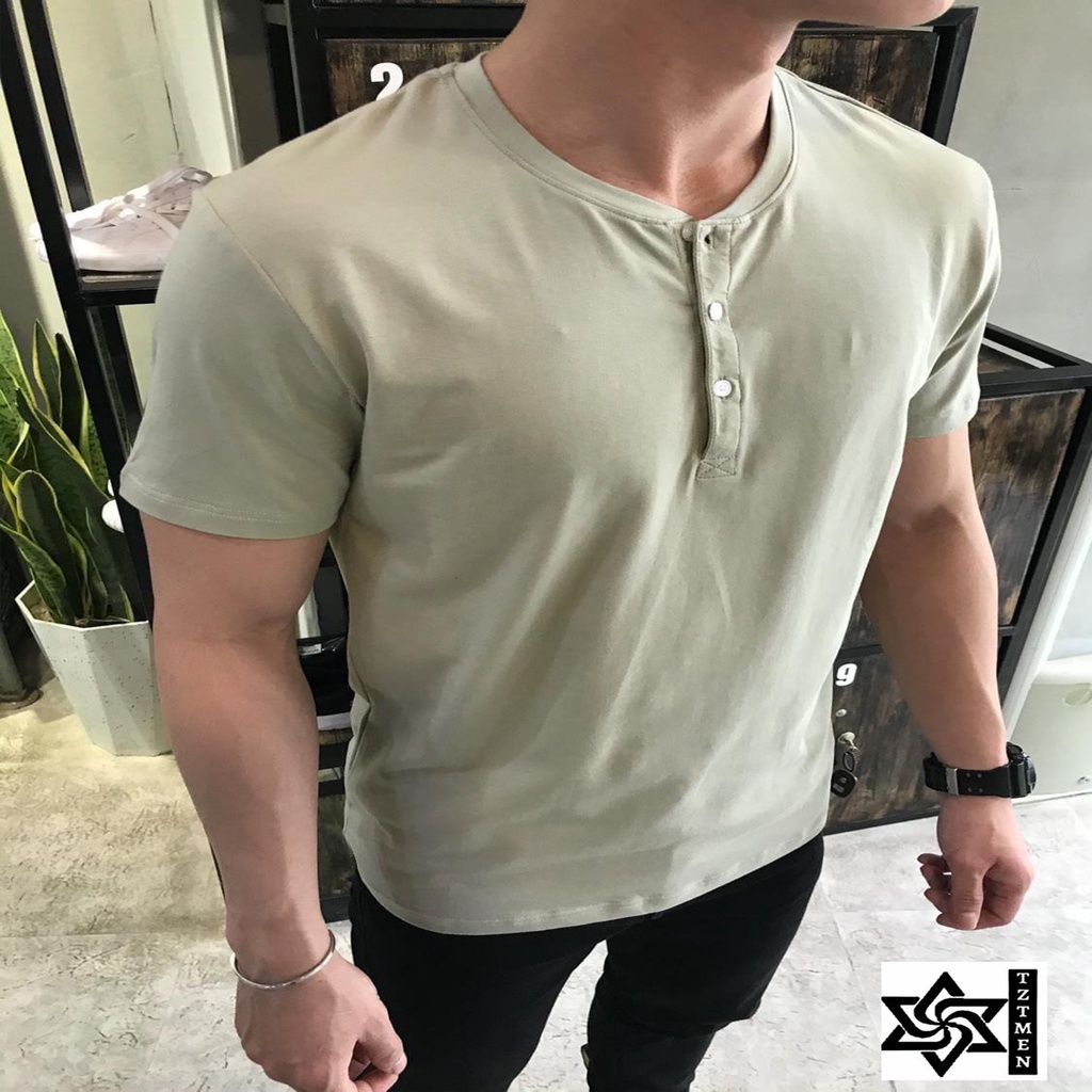 Áo Thun Cotton Ngắn Tay Có Cúc Cổ Tàu Mềm Mịn Co Giãn Thấm Hút Mồ Hôi